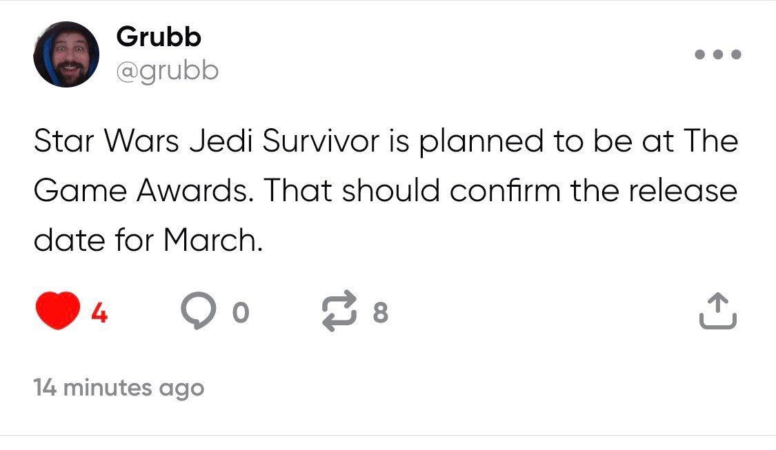 Rumor: Anúncio da data de lançamento de Star Wars Jedi: Survivor chegando no The Game Awards