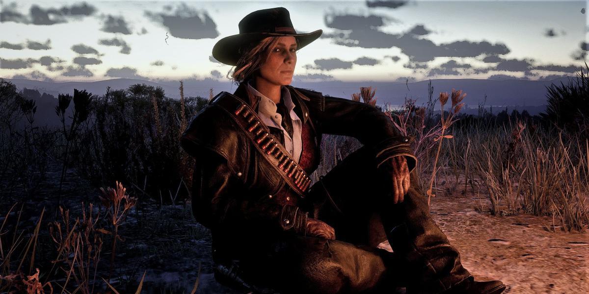 Sadie Adler sentada em Red Dead Redemption 2