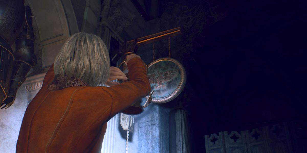 Resident Evil 4 remake mausoléu animal porta símbolo gongo