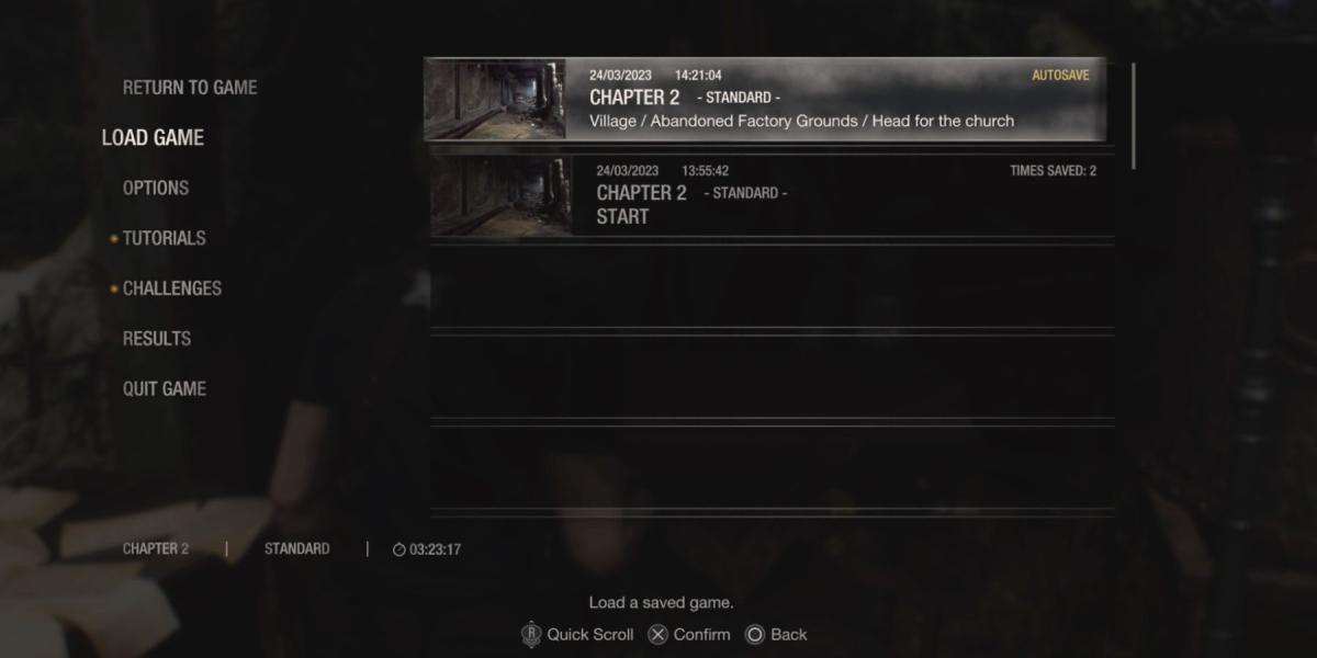 O menu Load Game em Resident Evil 4 Remake