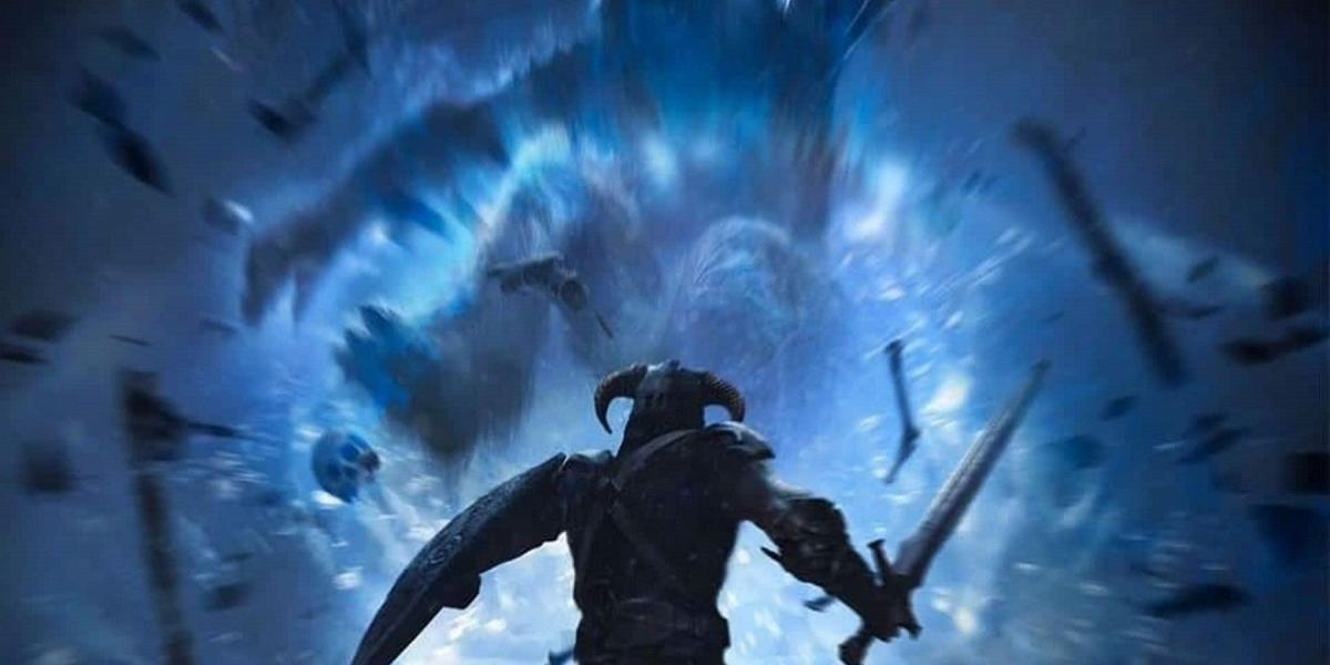 Imagem azul de Skyrim mostrando o Dragonborn gritando com um troll de gelo.