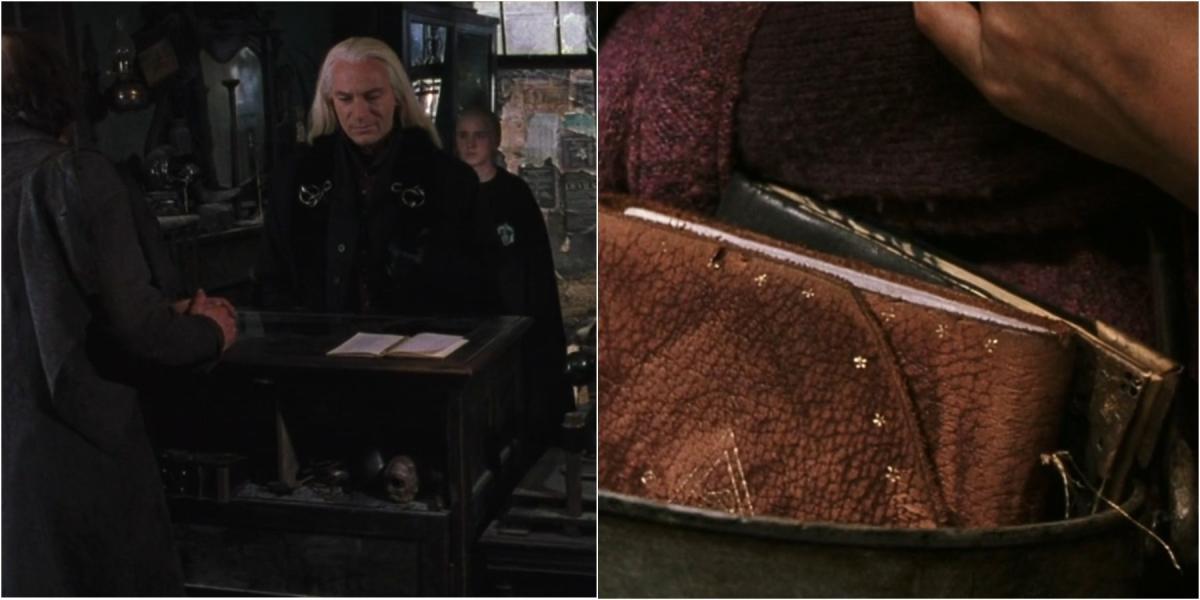 Imagem dividida do Sr. Borgin, Lúcio e Draco Malfoy, e o caldeirão de Gina em Harry Potter e a Câmara Secreta.