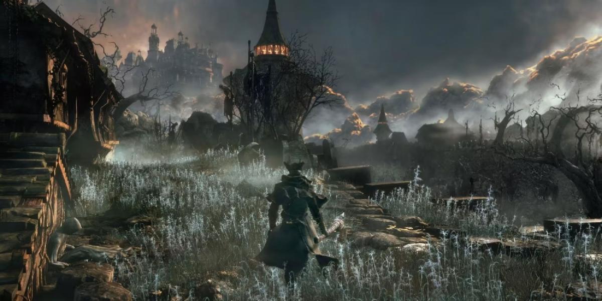Plano geral do caçador caminhando pelas paisagens góticas e retorcidas de Bloodborne.