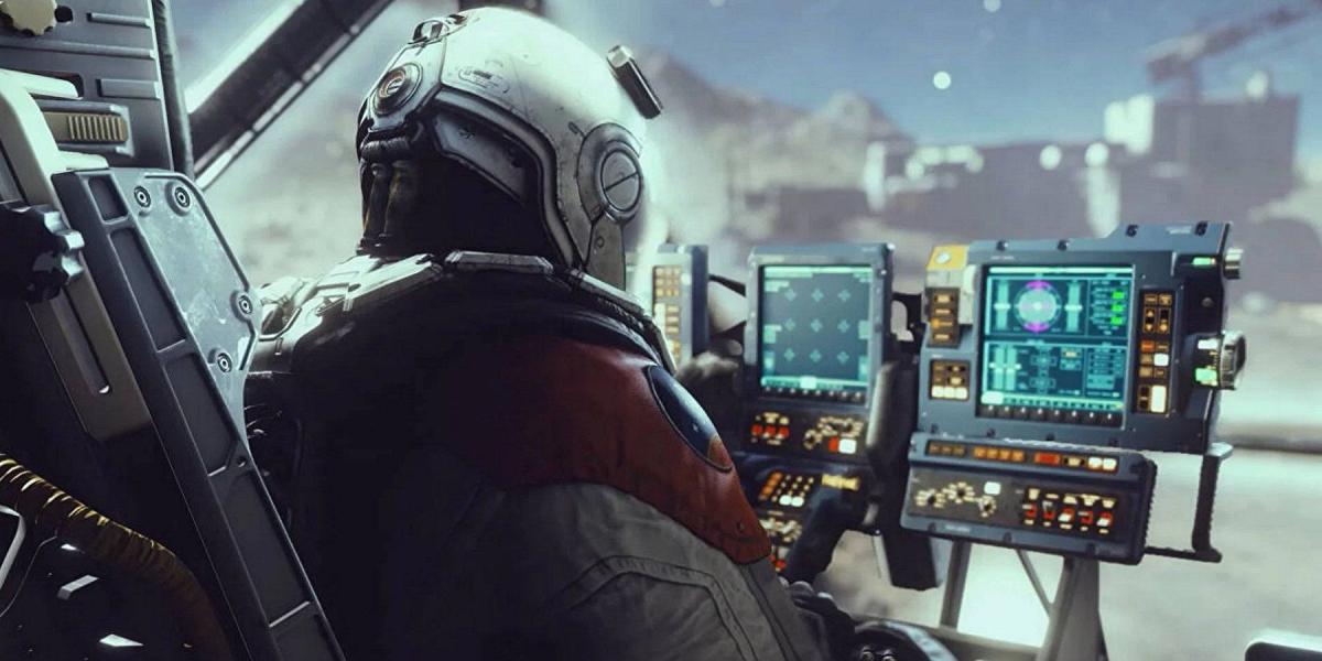 Imagem de Starfield mostrando um piloto dentro do cockpit de uma nave espacial.