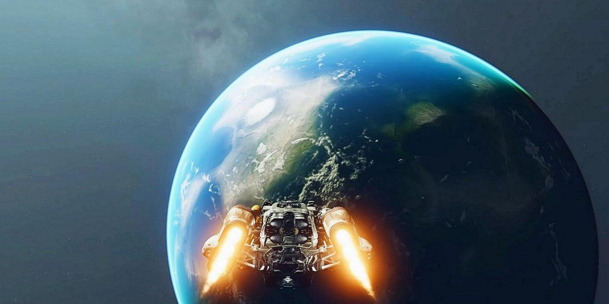 Imagem de Starfield mostrando uma nave espacial se aproximando de um planeta parecido com a Terra.