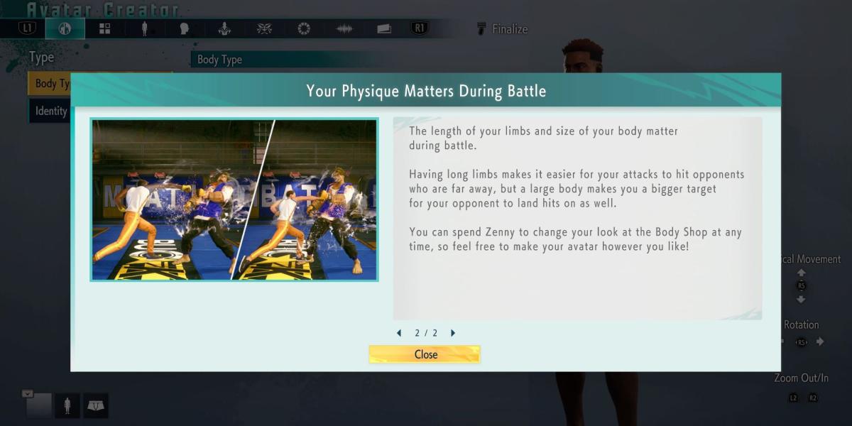 Uma captura de tela do Street Fighter 6 cria um recurso de lutador, que explica a importância de considerar a altura e o alcance dos lutadores