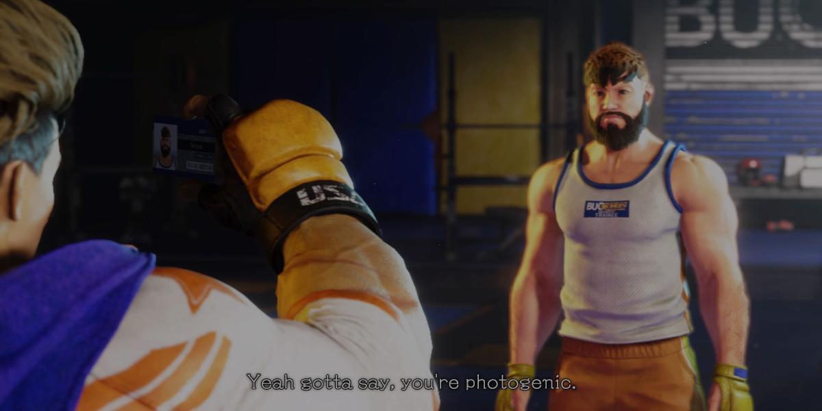 Uma captura de tela da cinemática de abertura de Street Fighter 6