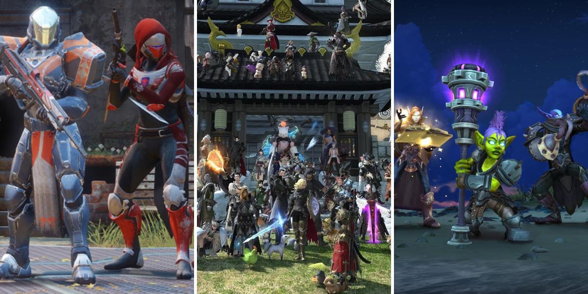 Uma grade de imagens mostrando jogadores nos jogos Destiny 2, Final Fantasy 14 e World of Warcraft