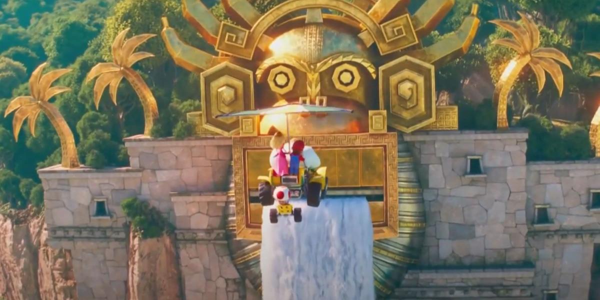 Mario e Peach voando em direção ao Donkey Kong Golden Temple