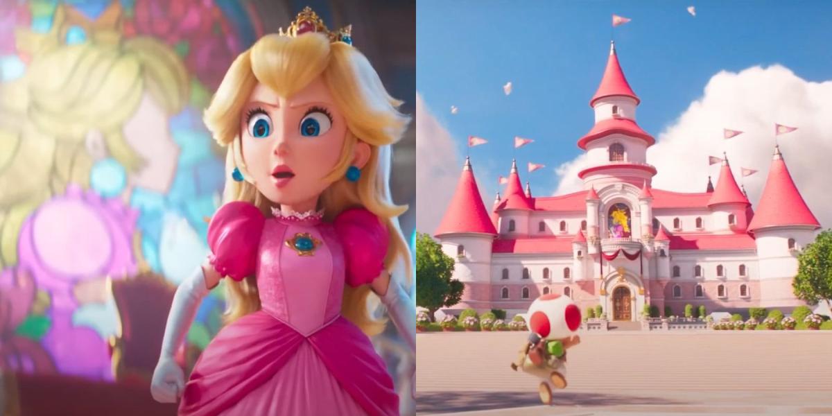 Peach ao lado de vitrais e castelo na imagem dividida do filme Super Mario Bros.
