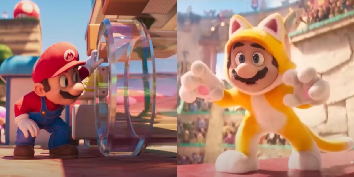Tubos transparentes e imagem dividida do filme Cat mario Super Mario Bros.