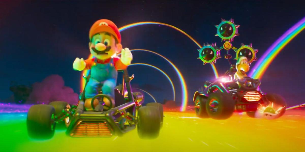 Mario pulando de kart no filme Rainbow Road Super Mario Bros.