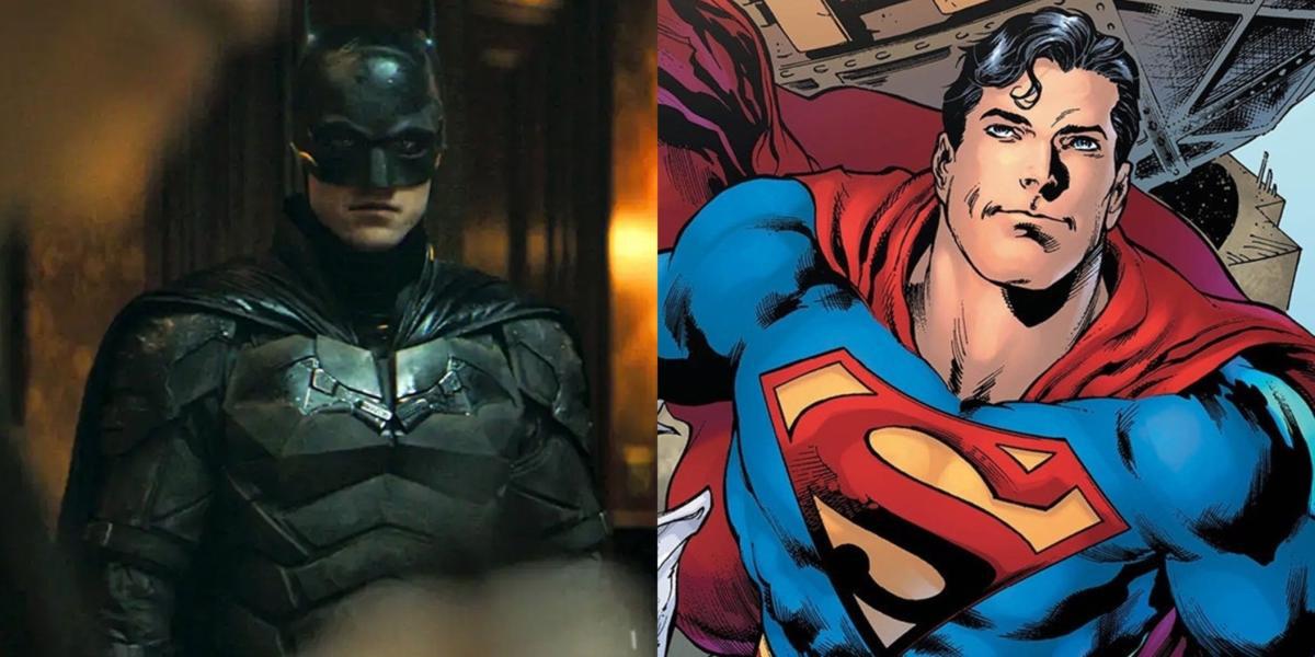 Imagem dividida de Robert Pattinson em The Batman e Superman nos quadrinhos da DC