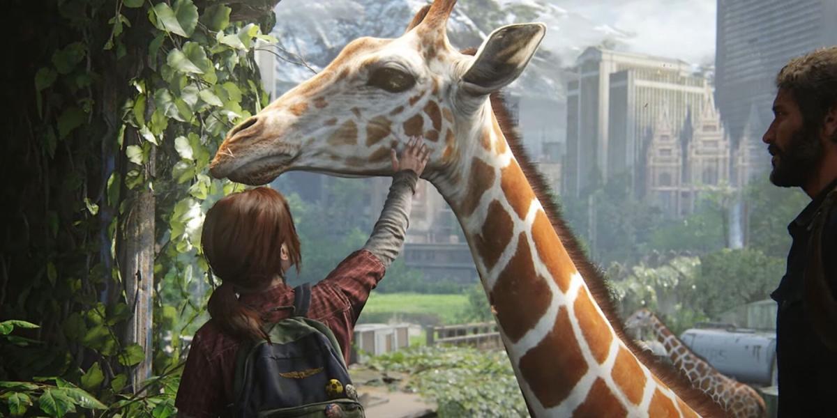 Ellie e Joel The Last of Us Part I acariciando a girafa