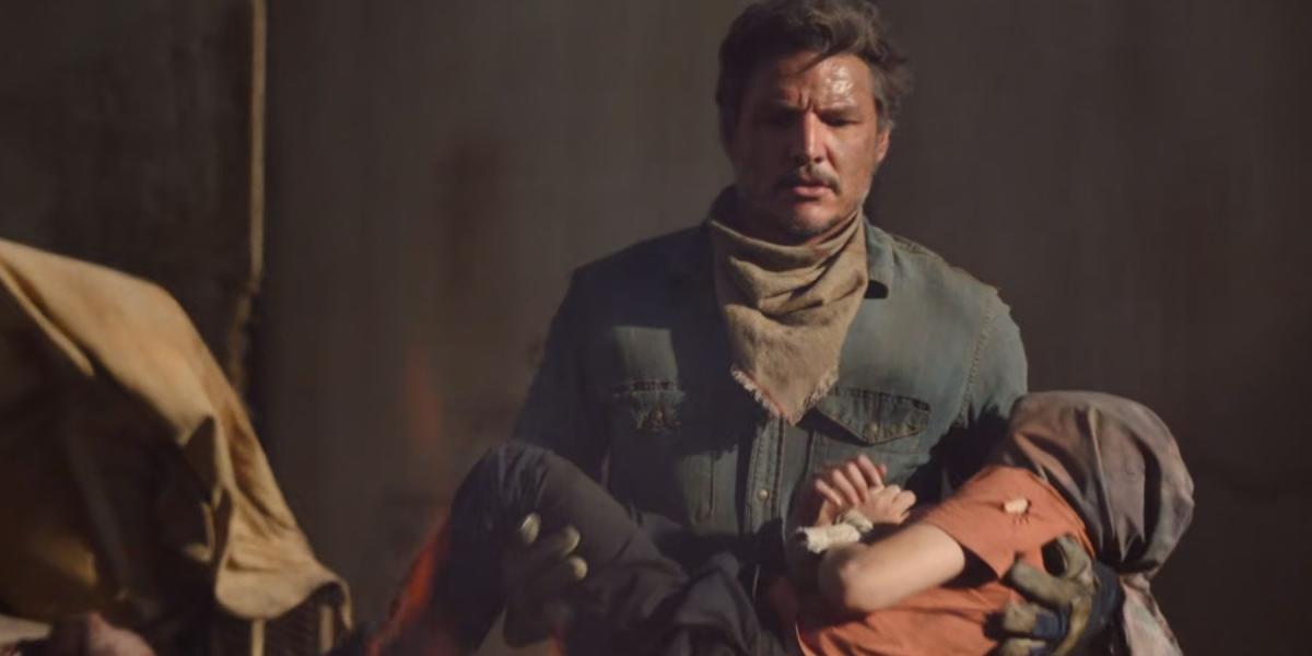 Joel carrega o cadáver de uma criança infectada em The Last of Us.