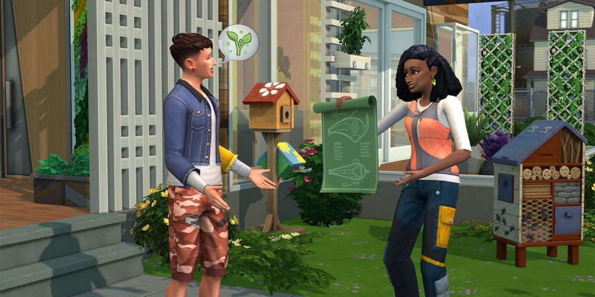 Dois Sims discutem planos para uma vida ecológica em The Sims 4: Eco Lifestyle