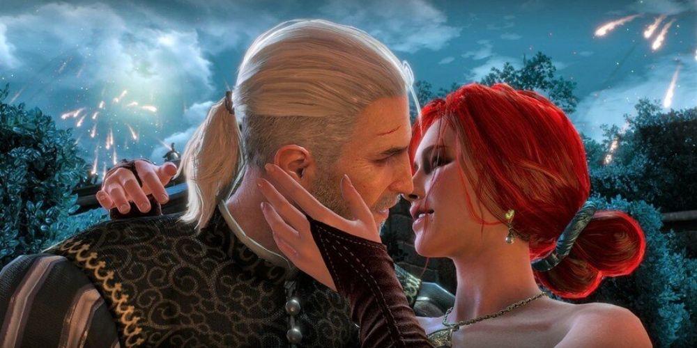 Triss e Geralt se beijando em The Witcher 3