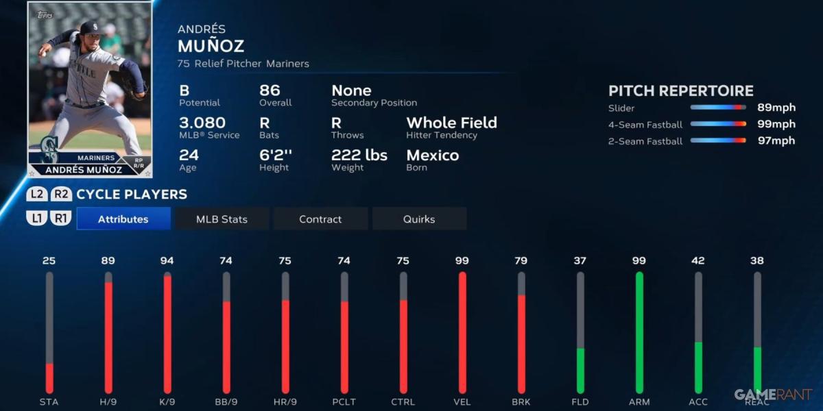 MLB The Show 23 Andres Munoz Cartão de jogador de pré-temporada
