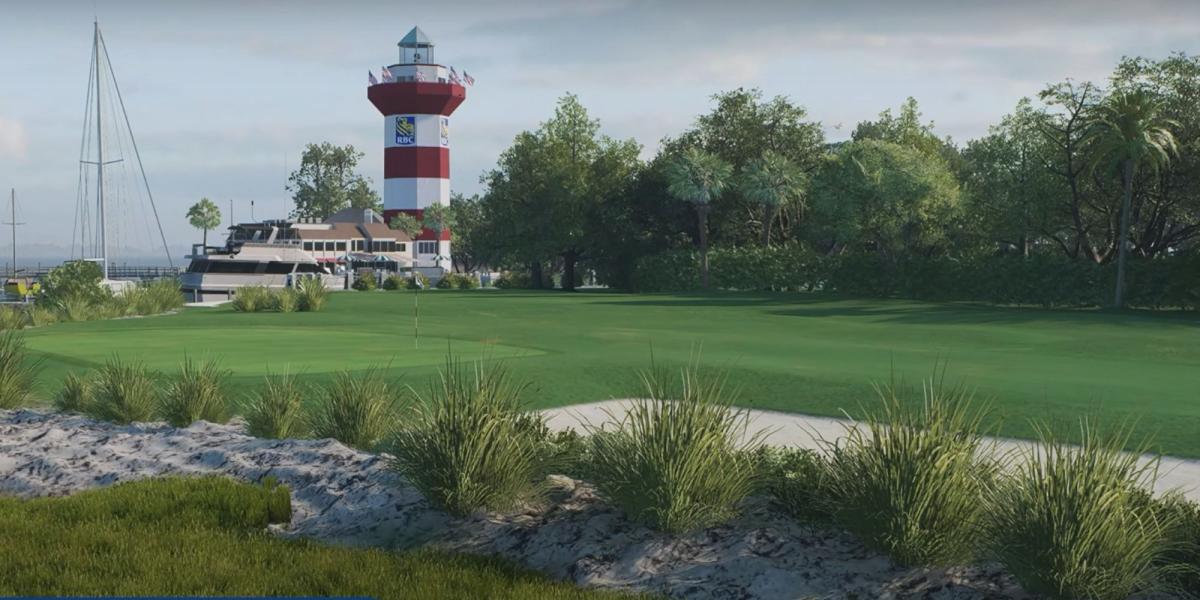 O famoso farol no buraco 18 do percurso de Harbour Town no EA Sports PGA Tour