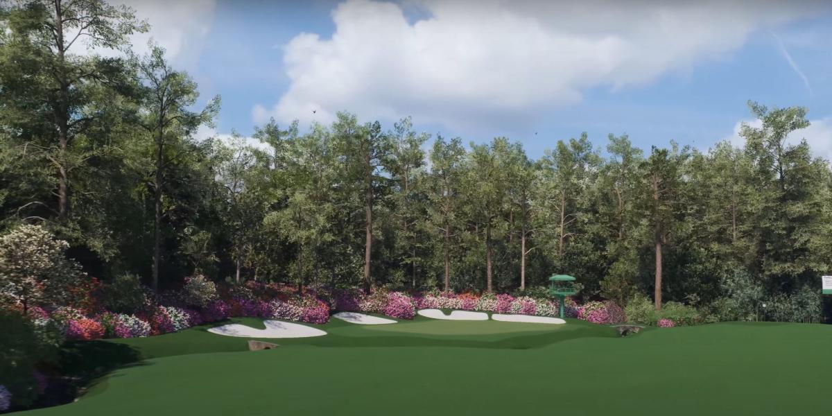 Uma captura de tela do Augusta National Course no buraco 13 do EA Sports PGA Tour