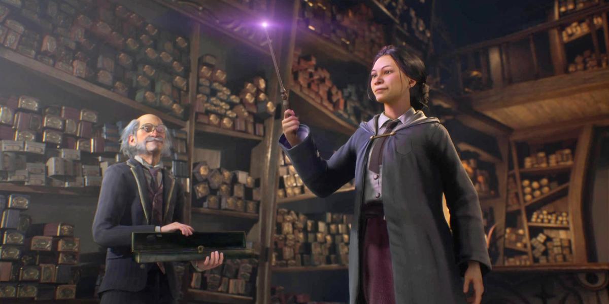 Uma aluna entregando uma varinha com um professor ao lado dela em Hogwarts Legacy