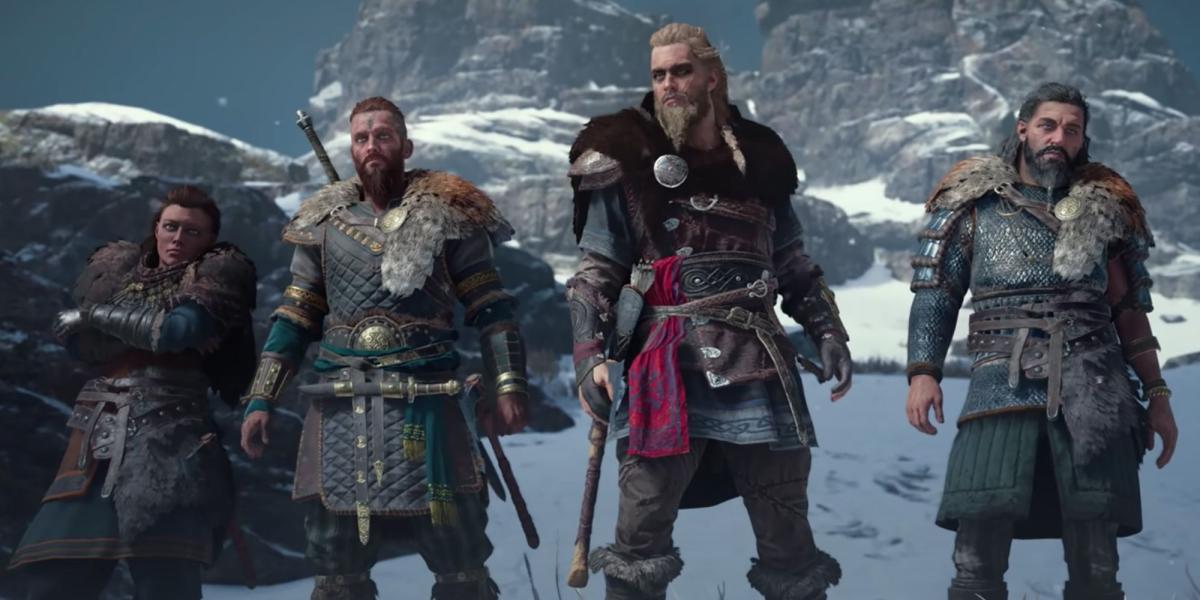 Elvor e três vikings em Assassin's Creed Vahalla