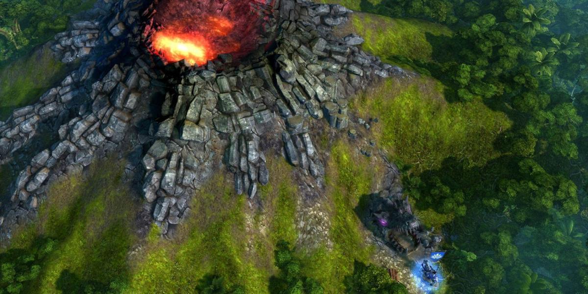 Um personagem do jogador enfrentando um vulcão em Might & Magic Heroes 6