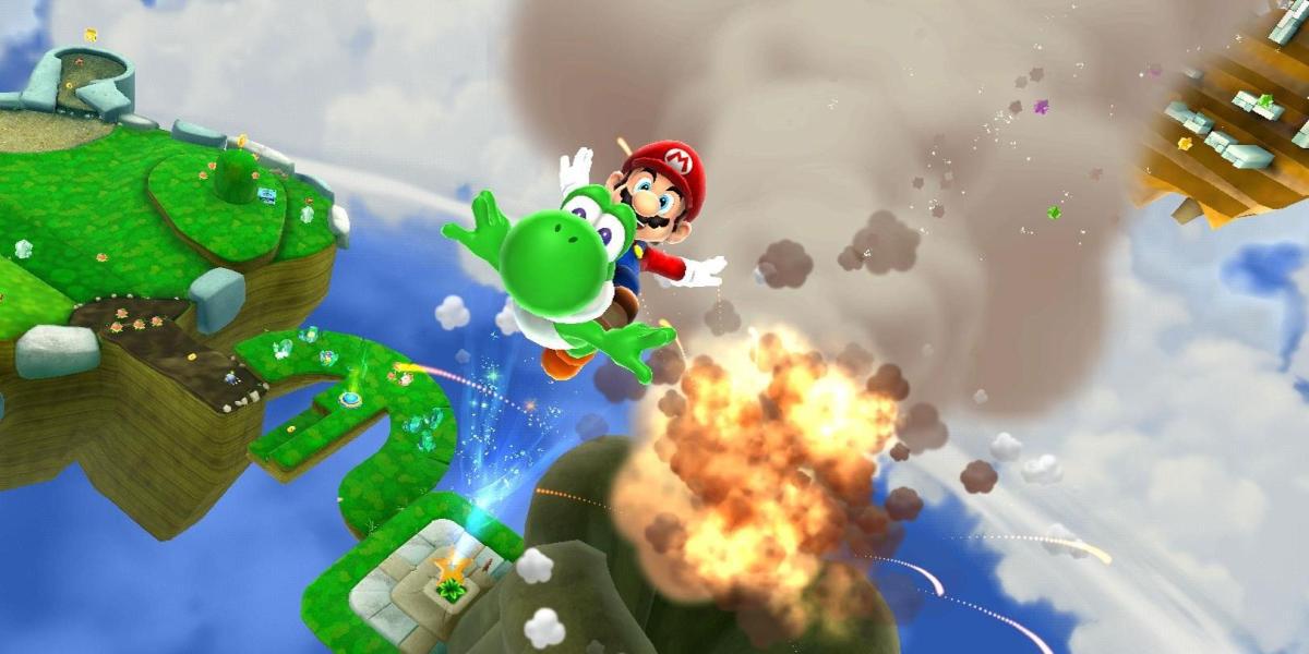 Mario e Yoshi explodindo em órbita com explosão em Super Mario Galaxy 2