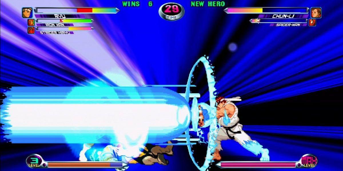 Ryu atirando em Chun-Li em Marvel vs Capcom 2