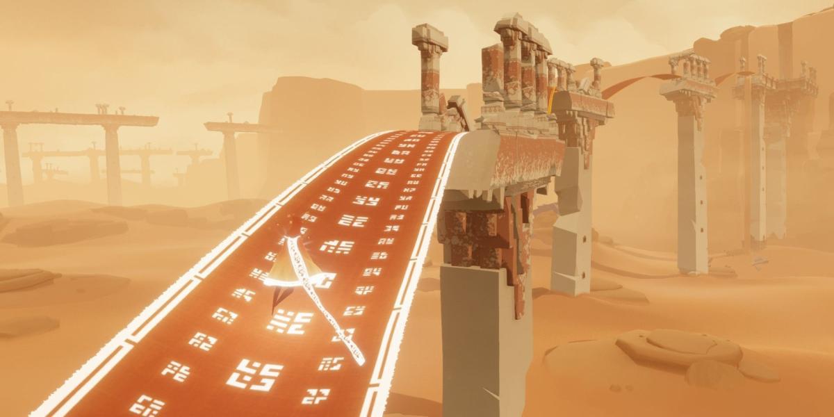 Uma ponte ativada que o jogador está atravessando em Journey