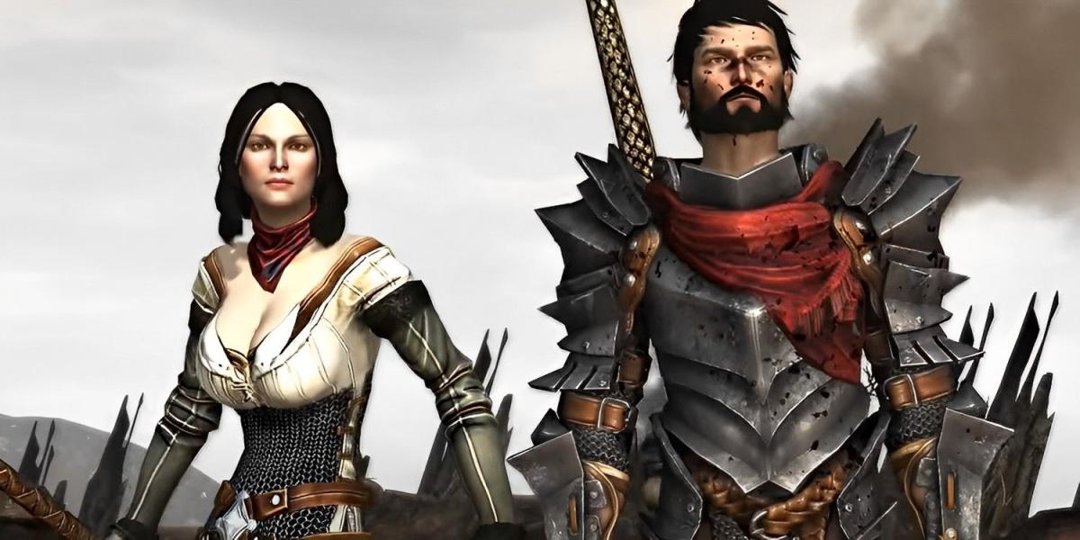 Bethany Hawke em pé ao lado de Hawke masculino no início de Dragon Age II