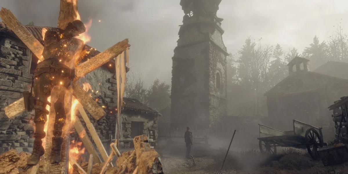Uma captura de tela do segmebtm da vila, incluindo a torre e o cadáver em chamas de um dos oficiais.
