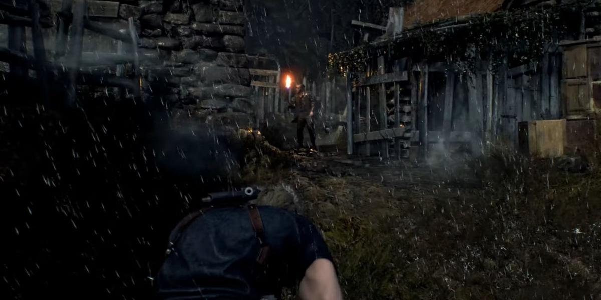 Uma captura de tela exibindo os efeitos de chuva do remake.