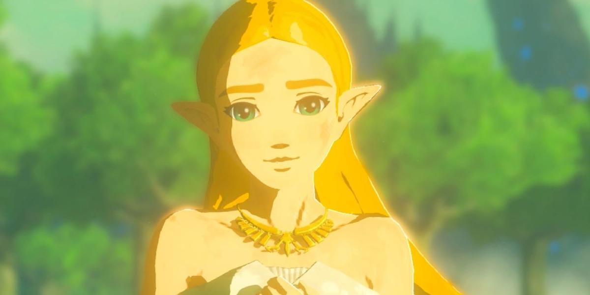 Uma princesa Zelda suja em seu vestido aparecendo no final de BOTW