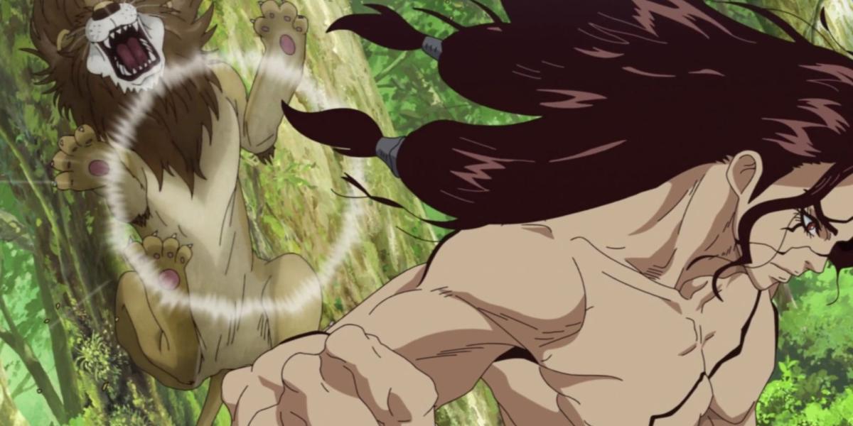tsukasa lutando contra um leão