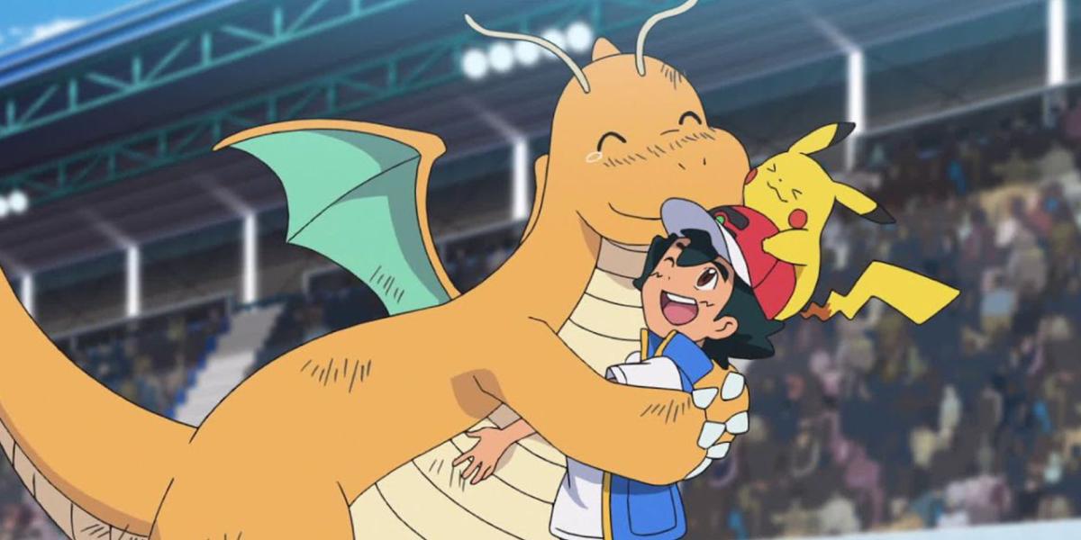 Ash, Pikachu e Dragonite no anime Pokemon