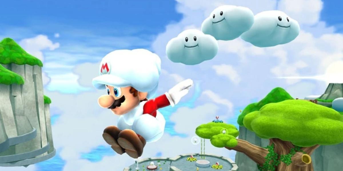 Cloud Mario pulando seguido por três nuvens sorridentes