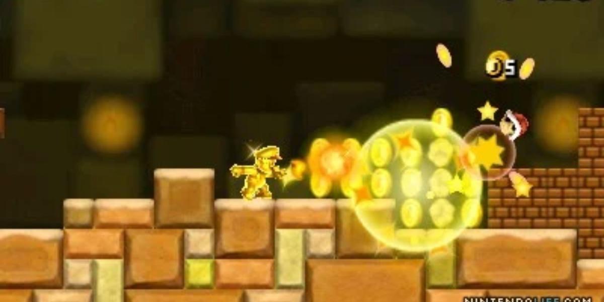 Gold Mario transformando blocos e inimigos em moedas