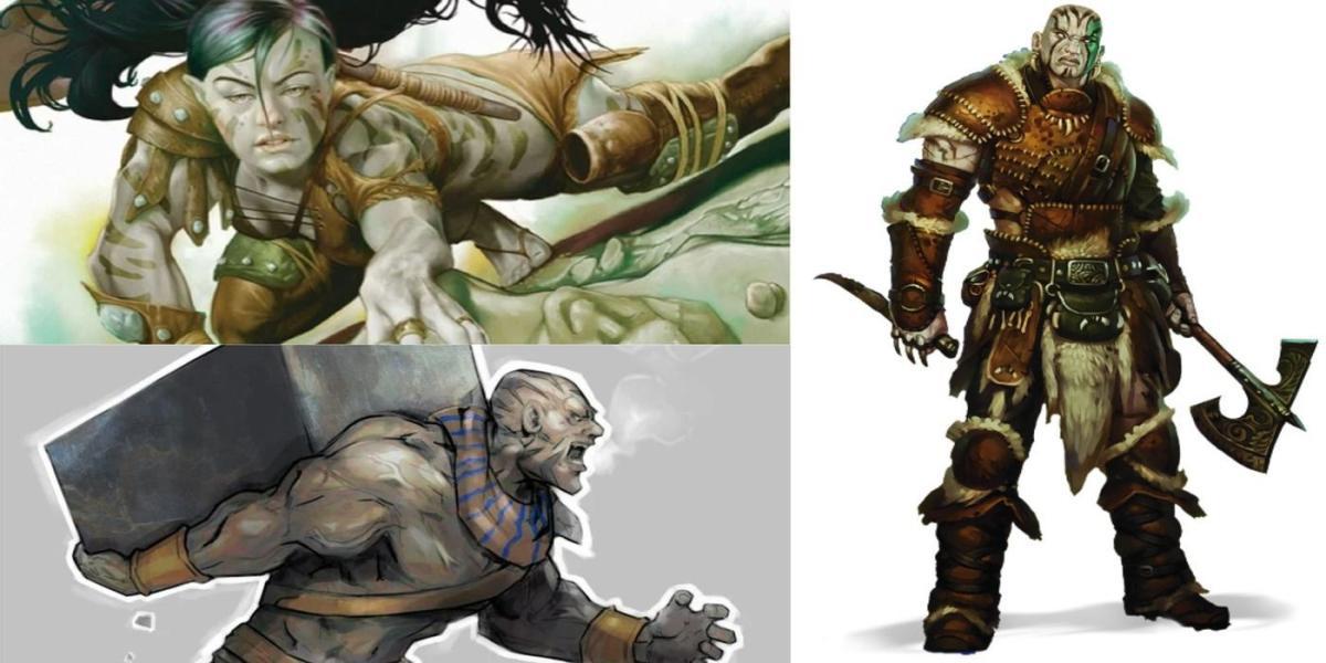 Personagem Golias, imagem dividida, em pé, escalando, carregando uma grande pedra arte oficial via Wizards of the Coast