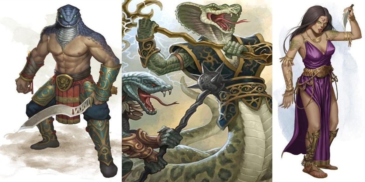 Imagem dividida, dois puros-sangues Yuan-ti flanqueando uma imagem central da arte oficial Yuan-ti via Wizards of the Sword Coast