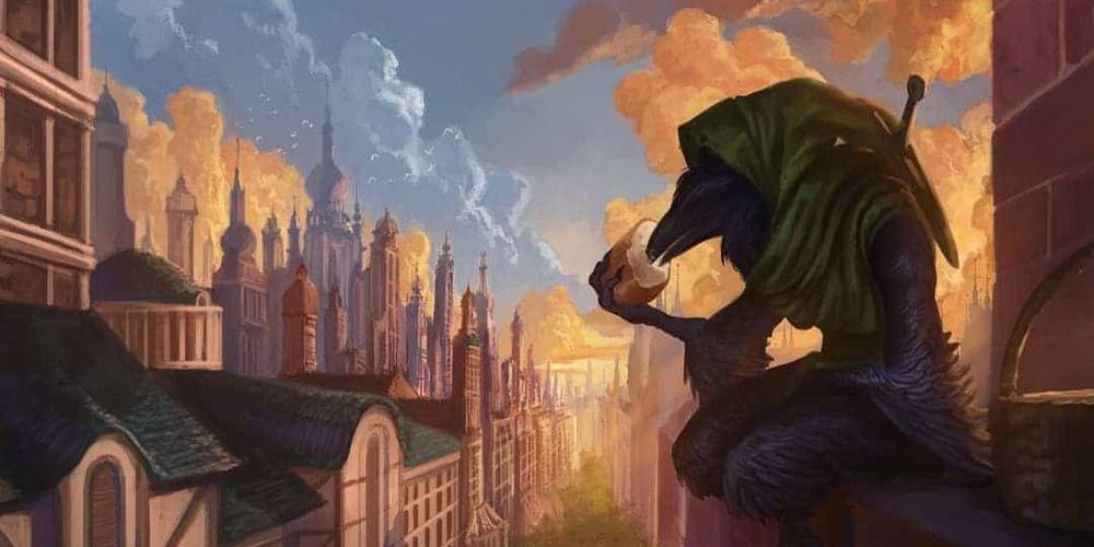 Kenku sentado em um telhado comendo pão, arte oficial da paisagem urbana Volo's Guide to Monsters via Wizards of the Swrord Coast