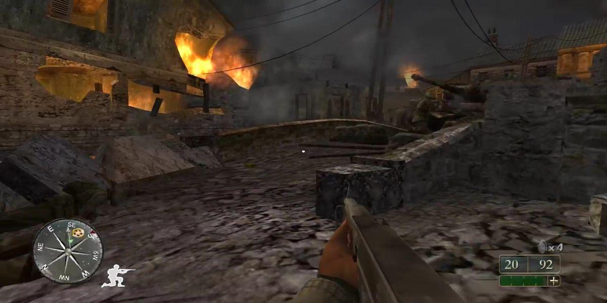 Call of Duty 2: Big Red One - visão FPS da cidade destruída