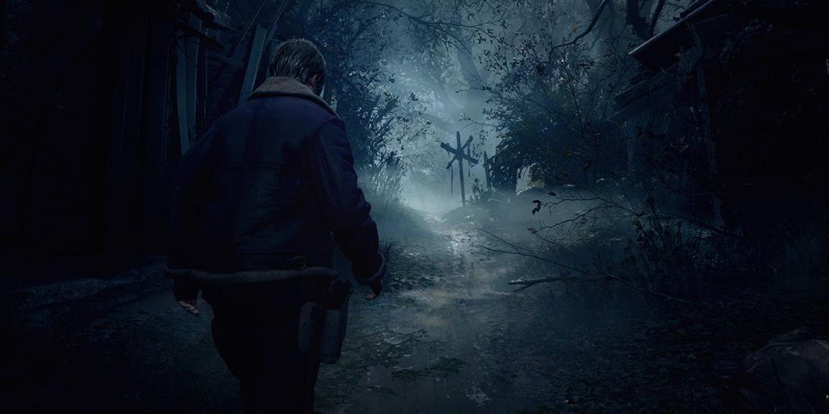 Resident Evil 4 Remake Leon caminhando em direção à floresta