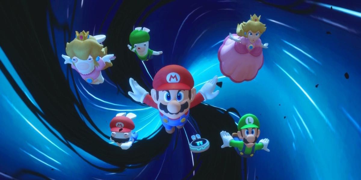 Uma cena com personagens em Mario + Rabbids Sparks of Hope