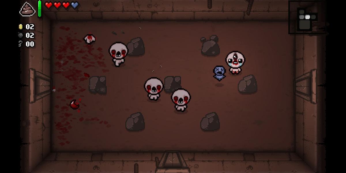 Um jogador em uma sala com quatro inimigos em The Binding of Isaac: Rebirth