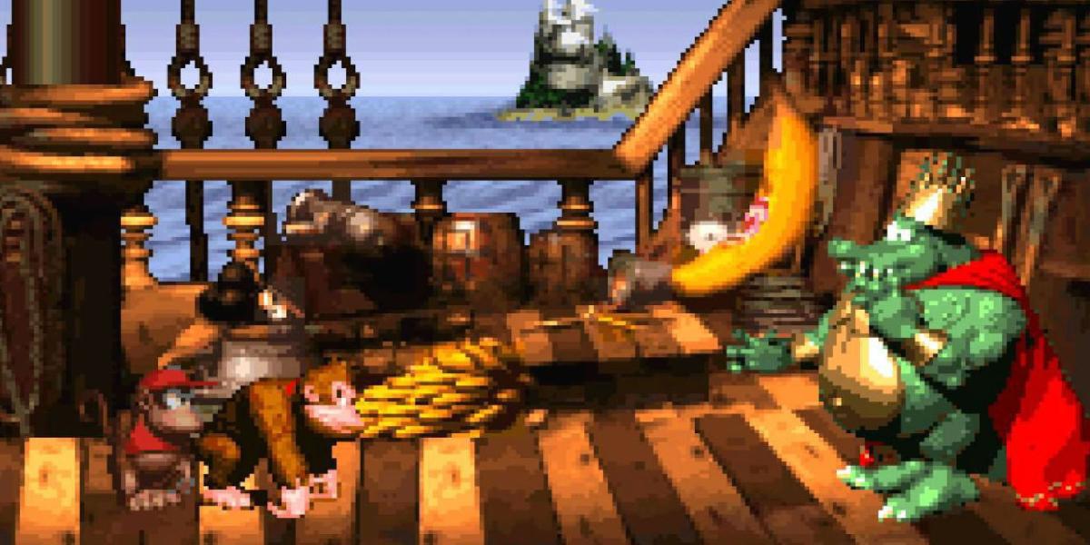 Donkey Kong e Diddy Kong lutando contra King K. Rool em um navio pirata em Donkey Kong Country