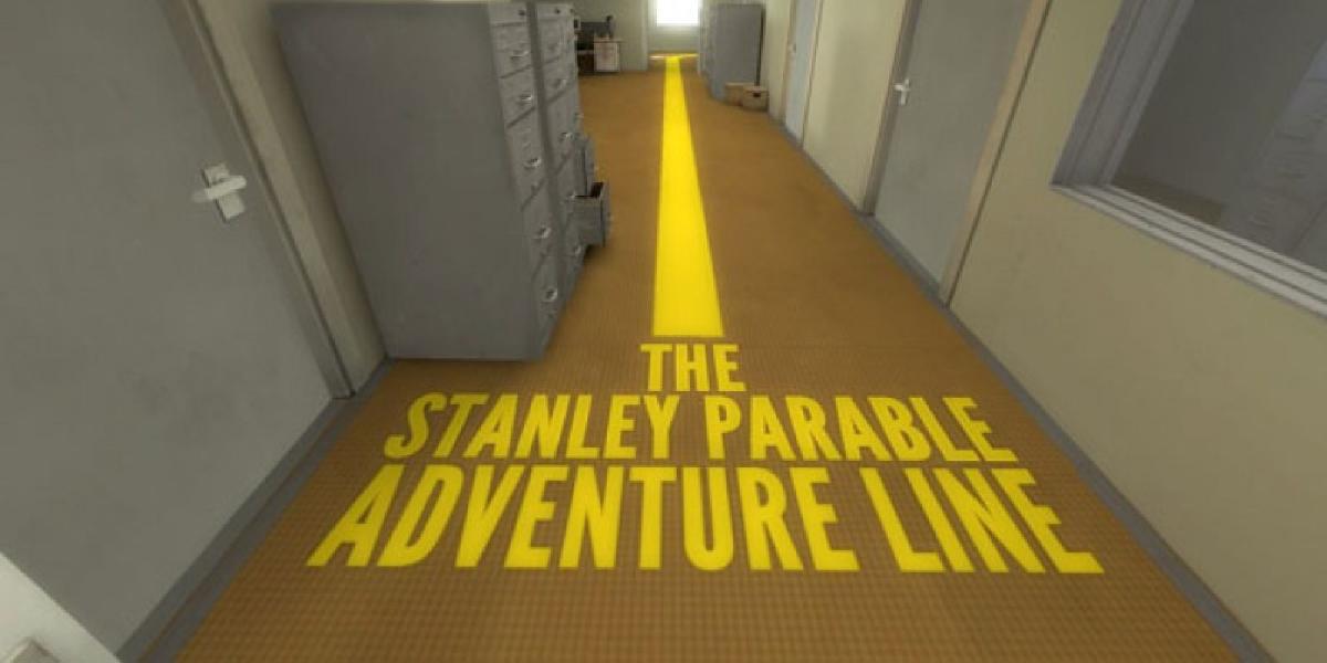 Uma linha amarela marcada The Stanley Parable Adventure Line em um andar de escritório