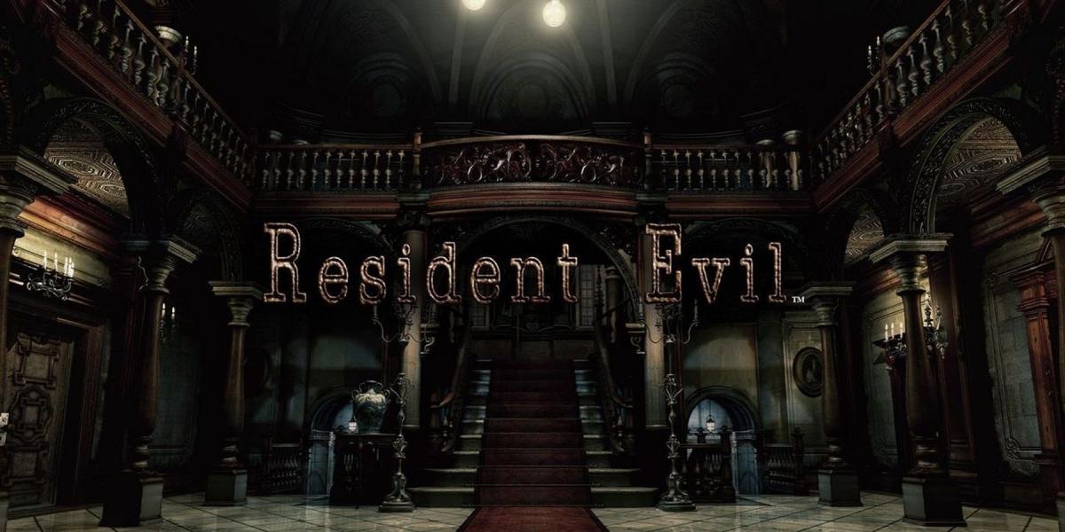 Logo do remake de Resident Evil mostrando a Mansão Spencer ao fundo.