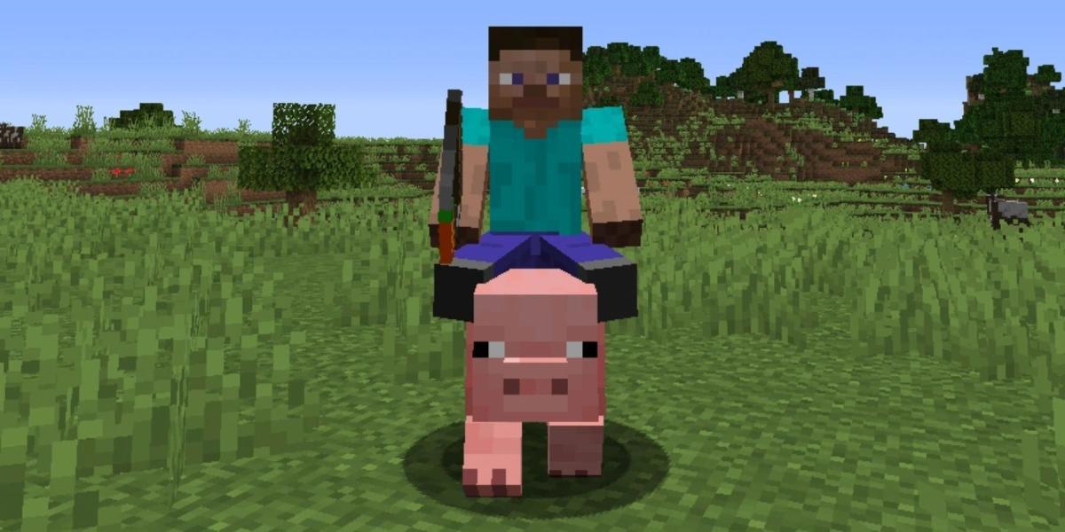 Jogador de Minecraft montando porco