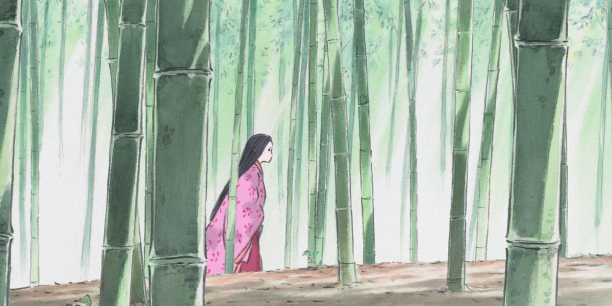 Princesa Kaguya caminhando por uma floresta de bambu